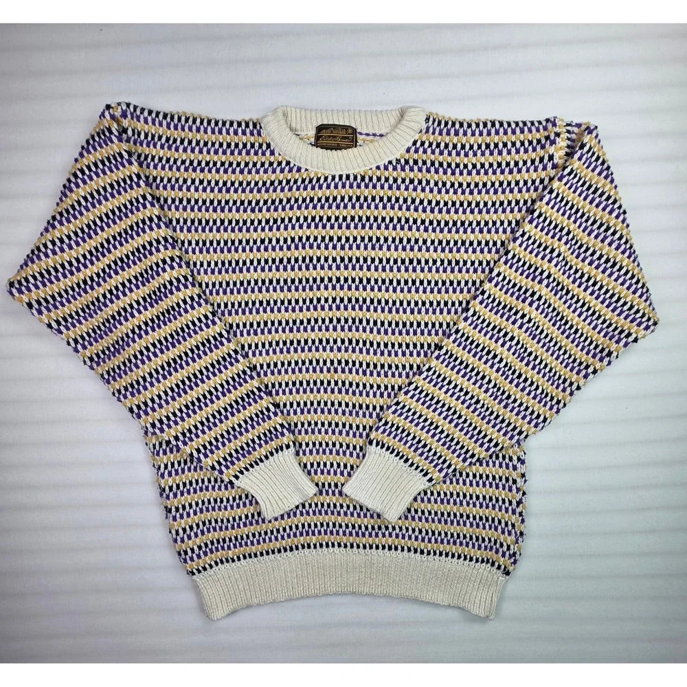 Vintage Eddie Bauer Mens Large Cotton Knit Sweater Multi-Color Crewneck Purple